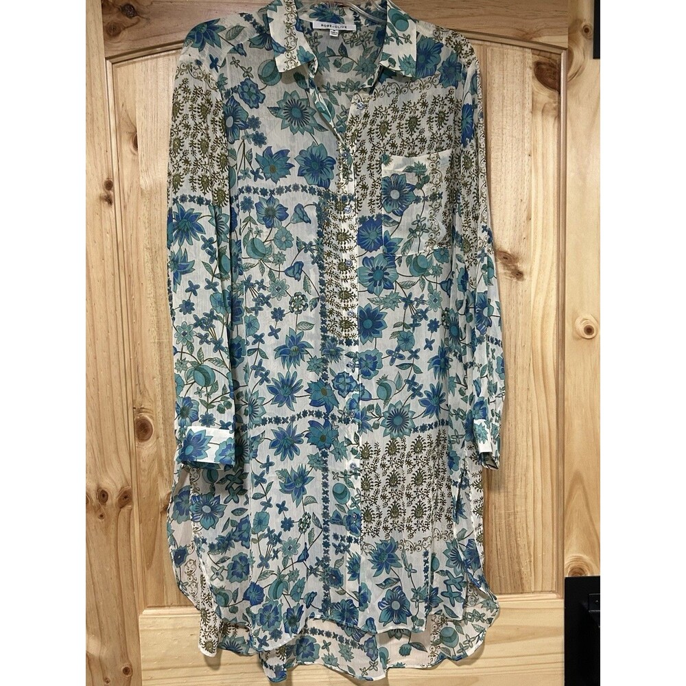 Rose + Olive Long Sleeve Longline Tunic Button Down Blue Green Floral Boho M